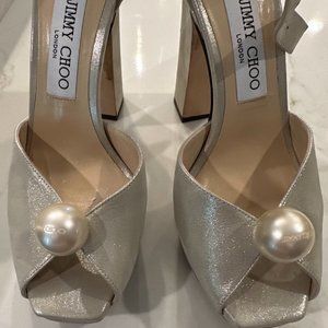 Jimmy Choo Champagne & Pearl Socorie Shimmer Suede Platform Sandal Heels